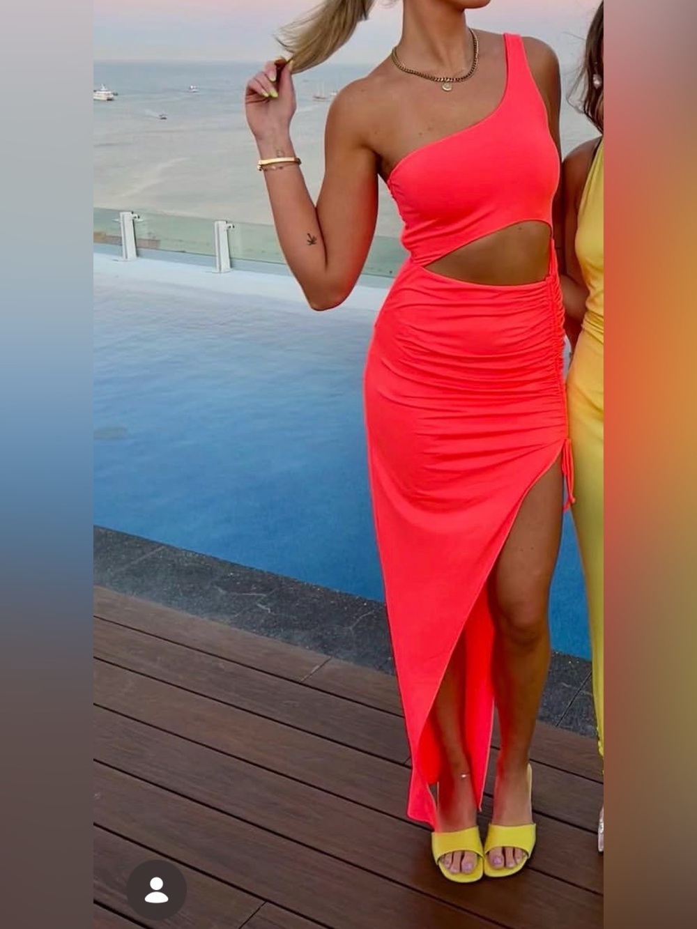 Super down One-Shoulder Neon Coral Cutout Maxi Dress Size M